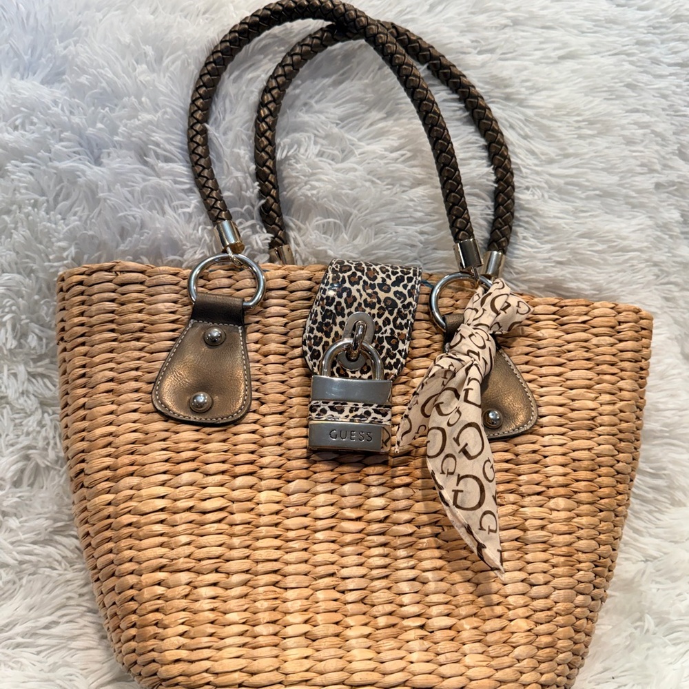 Guess Tan Woven Tote with Leopard Detail